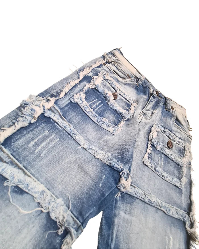 FWRD Kids Ice Blue Cargo Stacked Denim jeans, stylish denim pants with a relaxed fit and multiple pockets.