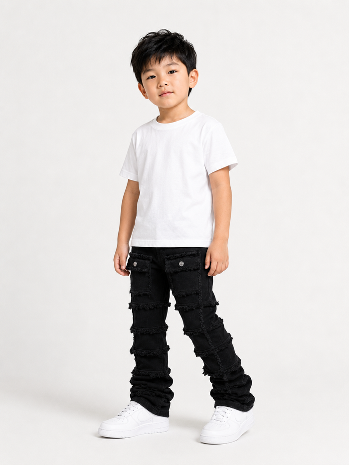 FWRD Kids stacked denim cargo pants in jet black, featuring a trendy denim design with multiple pockets and a modern fit.