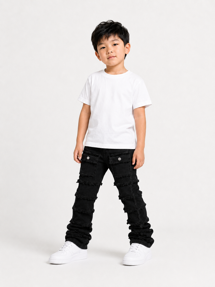 FWRD Kids stacked denim cargo pants in jet black, featuring a relaxed fit and stylish design for kids.