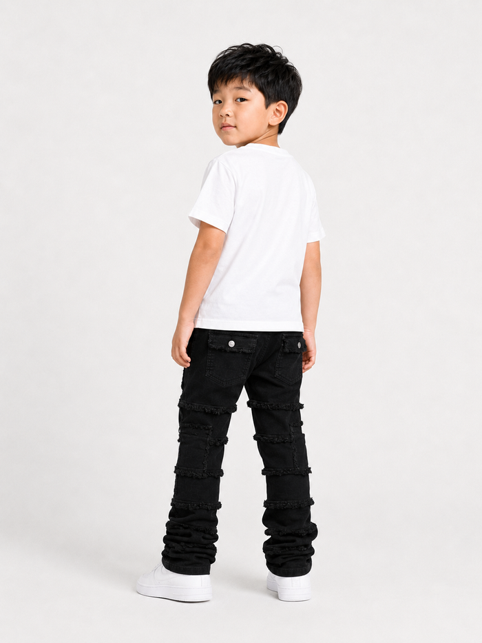 FWRD Kids Cargo Stacked Denim in Jet Black, featuring layered denim design and casual fit, front view.