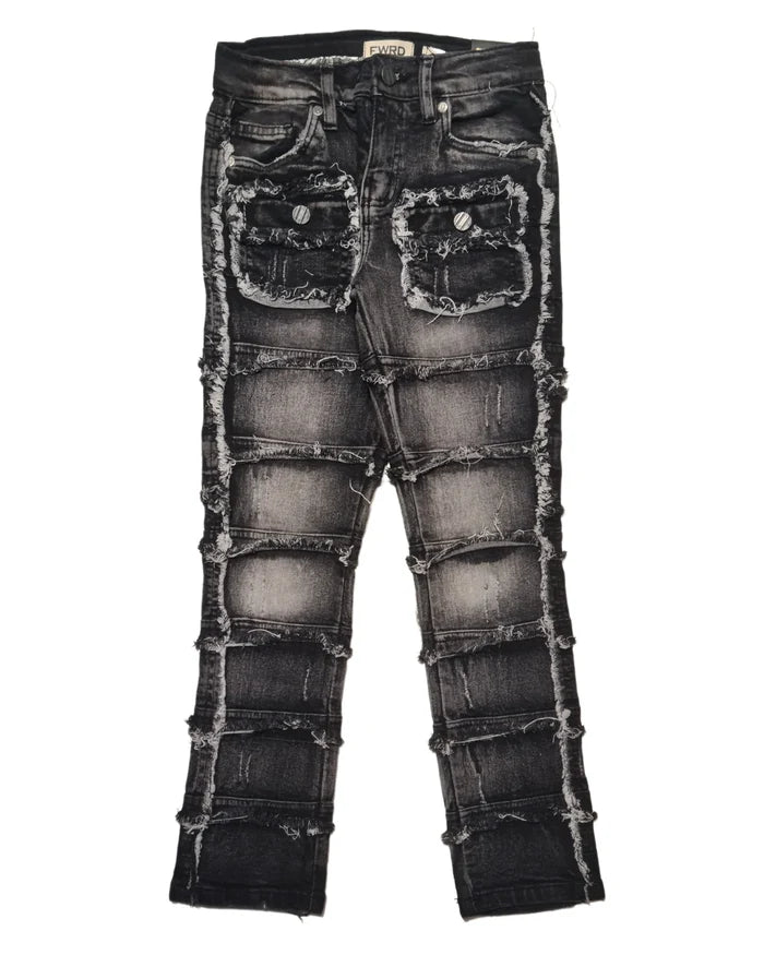FWRD Kids washed black stacked denim cargo pants laid flat, showing their relaxed fit and stylish design.