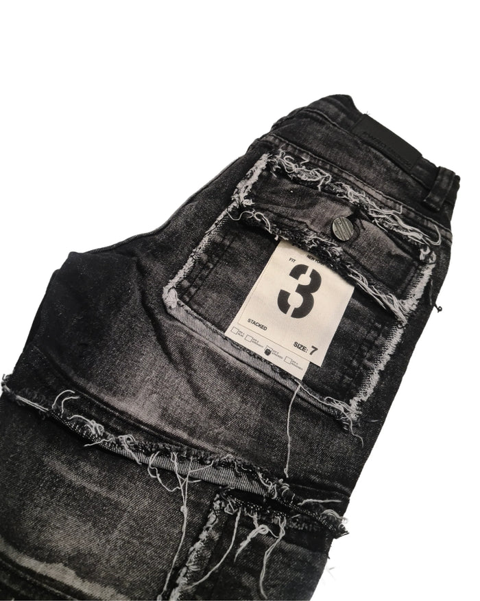 FWRD Kids Cargo Stacked Denim jeans in washed black, showing the denim fabric and cargo pocket details.