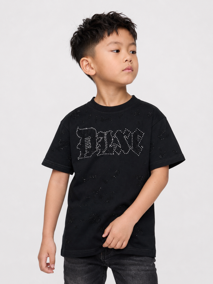 Black FWRD Kids Crystalized DLXE rhinestone T-shirt for kids with sparkling embellishments, casual and stylish.