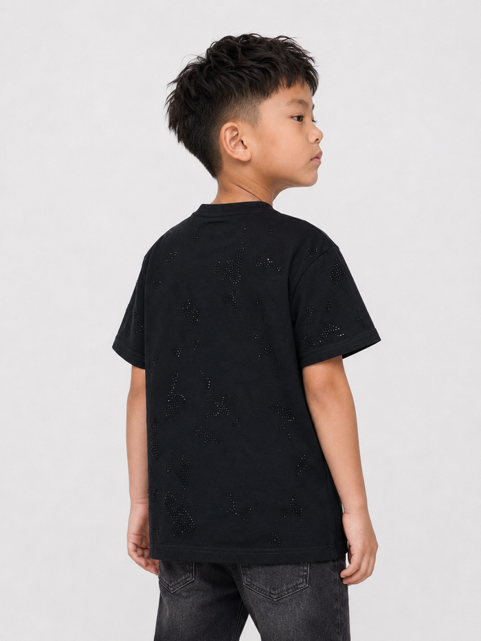 Black FWRD Kids Crystalized DLXE rhinestone T-shirt with shiny embellishments, casual kids' fashion top.