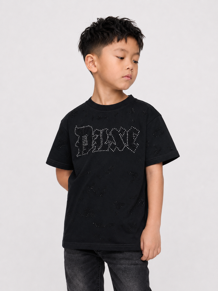 Black FWRD Kids Crystalized DLXE rhinestone T-shirt with sparkling embellishments, casual and stylish for kids.
