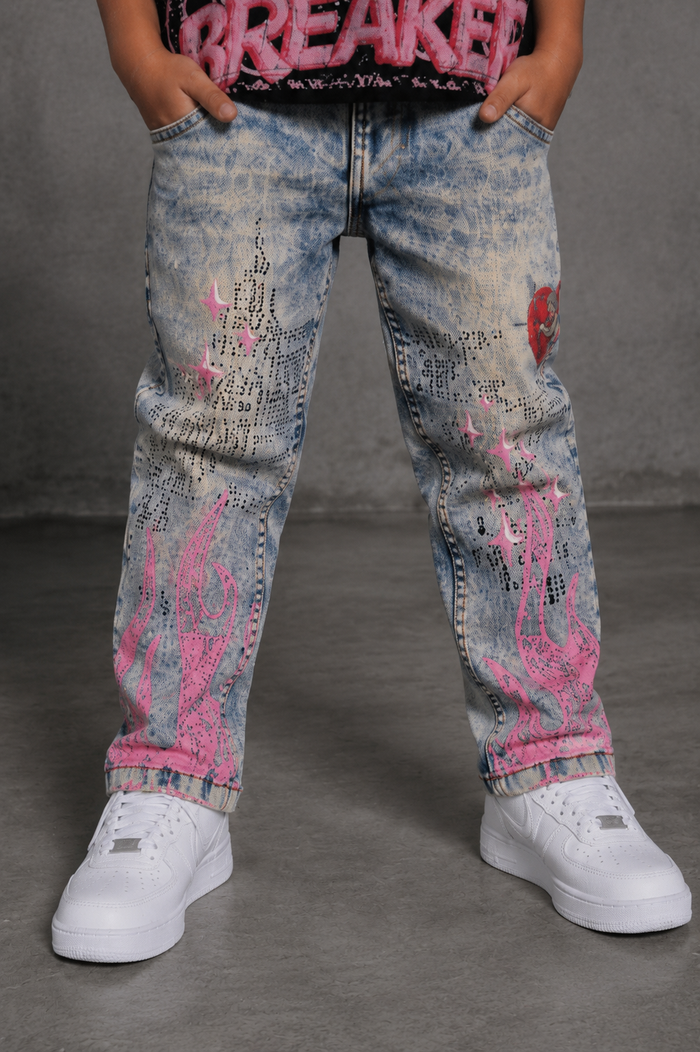 FWRD Kids Dreams slim straight denim jeans in light tint, showing the fit and color of the kids' denim product.