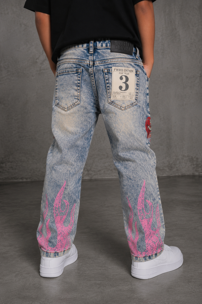FWRD Kids Dreams slim straight denim jeans in light tint, showcasing classic five-pocket design and durable denim fabric.