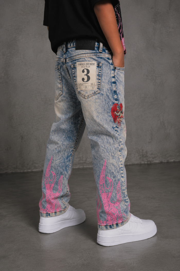 FWRD Kids Dreams slim straight denim jeans in light tint, showing the fit and style on a child model.