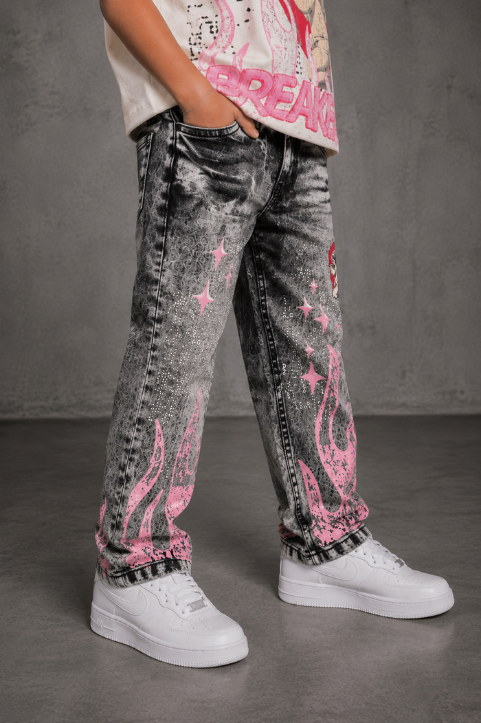 FWRD Kids Dreams slim straight denim jeans in washed black, child's clothing, casual kids' denim pants, front view