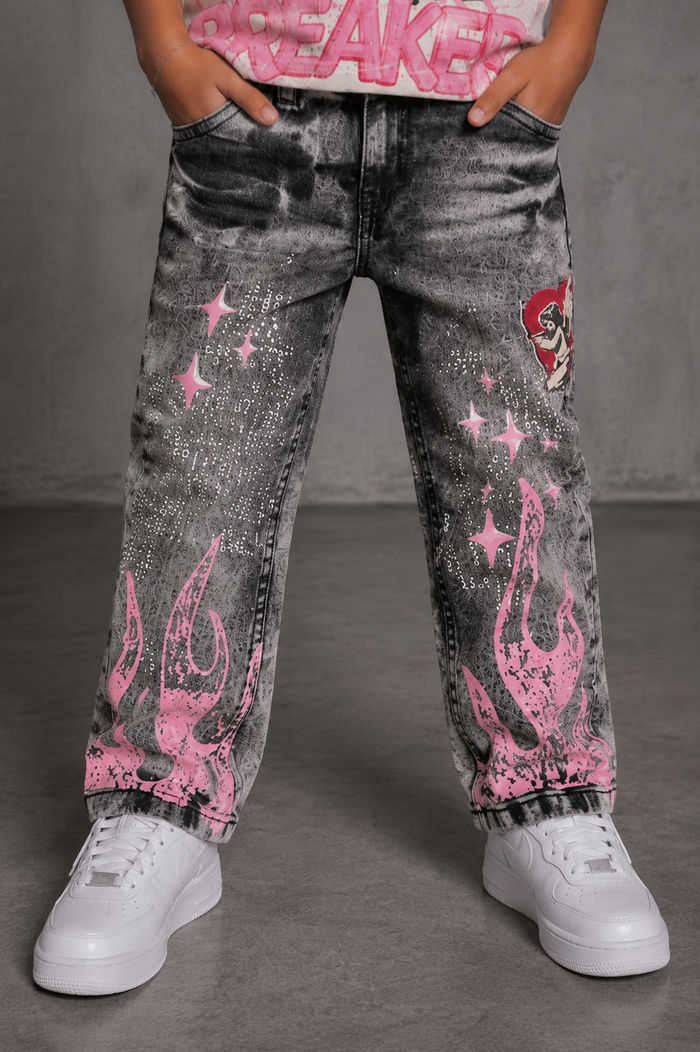 FWRD Kids Dreams Slim Straight Denim in Washed Black, kids' denim jeans with a sleek fit and stylish washed black finish.