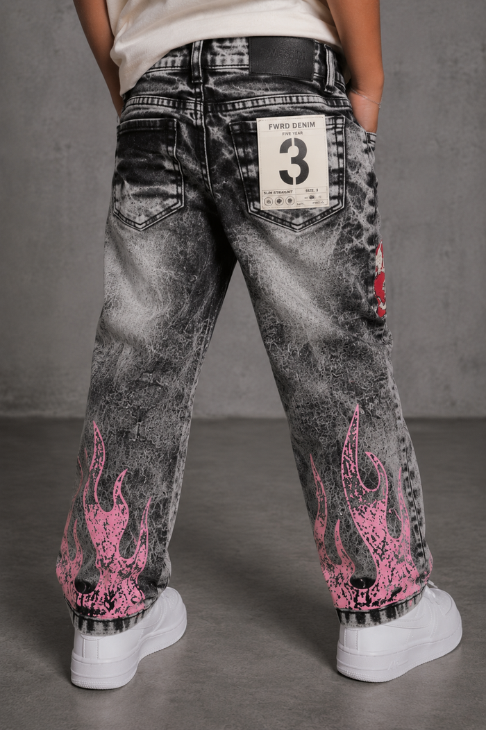 FWRD Kids Dreams slim straight washed black denim jeans for kids, showing the denim fabric and tailored fit.