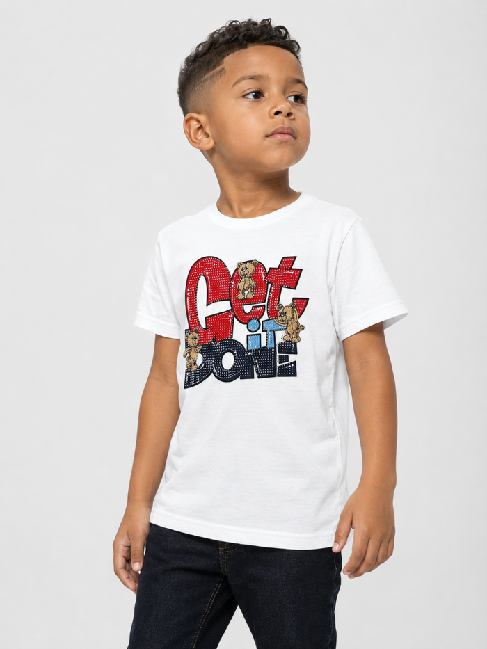 White FWRD KIDS Get It Done Bear rhinestone T-shirt for kids, featuring a playful bear graphic and sparkling rhinestone details.