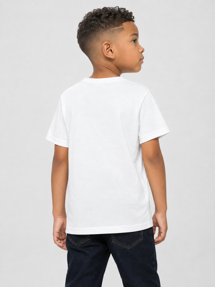 White FWRD Kids 'Get It Done Bear' rhinestone T-shirt for kids, featuring a playful bear design and shiny embellishments.