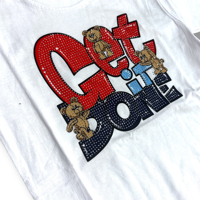 White FWRD Kids 'Get It Done Bear' rhinestone T-shirt featuring a bear graphic and bold lettering, designed for kids.