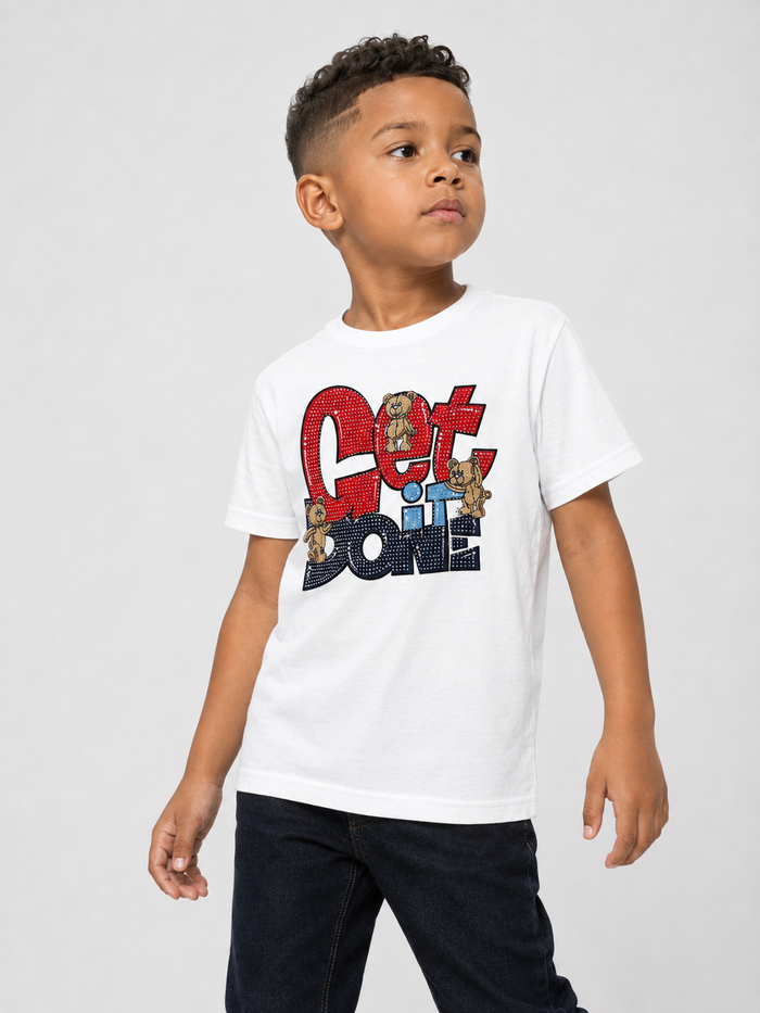 White FWRD KIDS 'Get It Done Bear' rhinestone T-shirt for kids featuring a fun bear design and sparkling rhinestones.