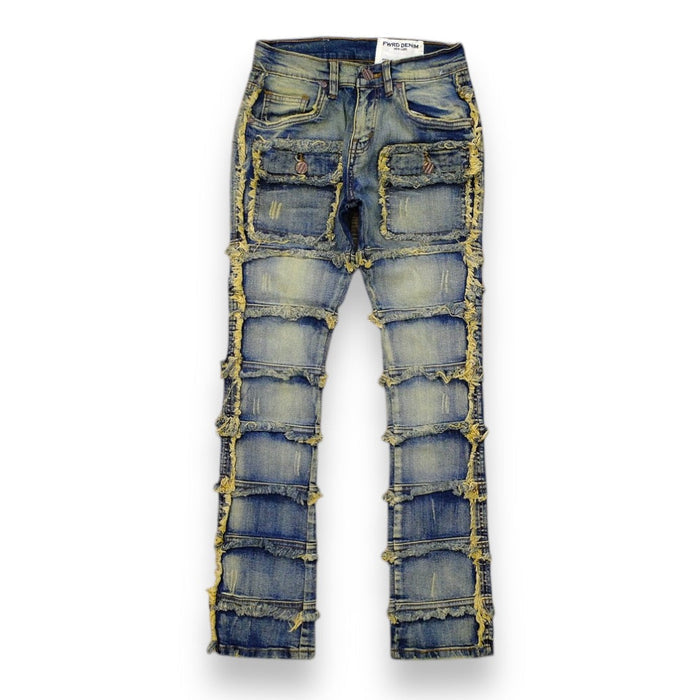 FWRD Kids Patchwork Stacked Denim jeans in light tint with patchwork design, casual fit, and stacked style.