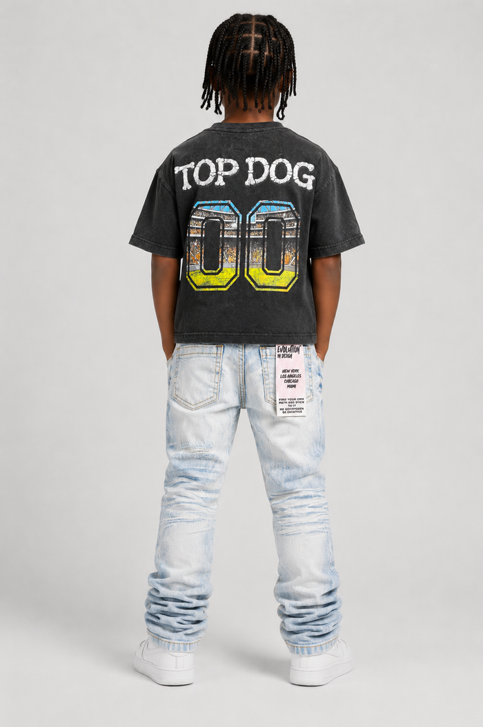 Black FWRD Kids 'Top Dog' T-Shirt for kids, featuring a playful dog graphic on the front.