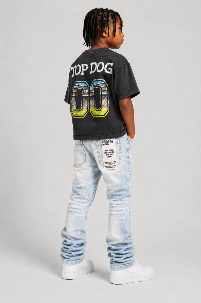 Black FWRD Kids 'Top Dog' T-shirt for kids, featuring a casual crew neck and graphic design, shown flat on a white background.