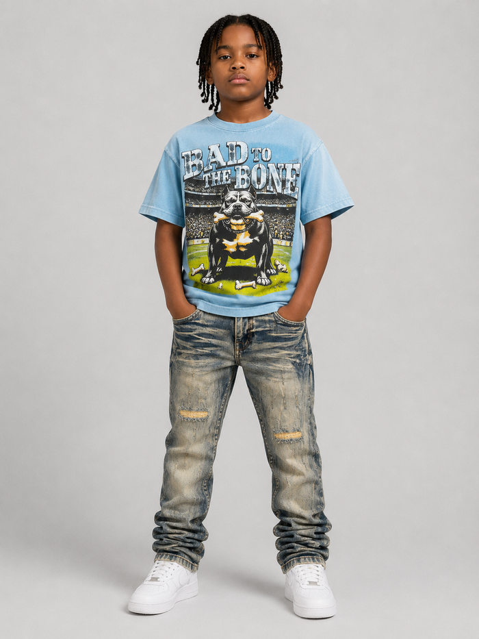 FWRD Kids Top Dog T-Shirt in Carolina Blue, a kids' cotton tee with a playful dog graphic on the front.