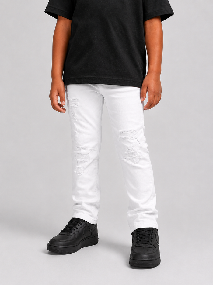 FWRD KIDS washed-up white denim jeans for kids, showing the front view with a casual, relaxed fit and classic denim texture.