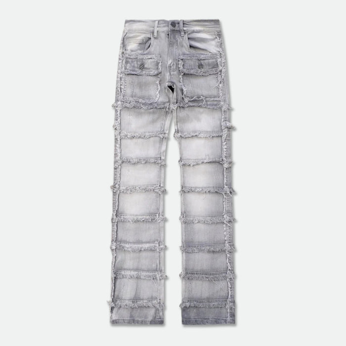FWRD Patchwork True Stacked Grey Denim jeans, showcasing a stylish layered denim design with patchwork details.