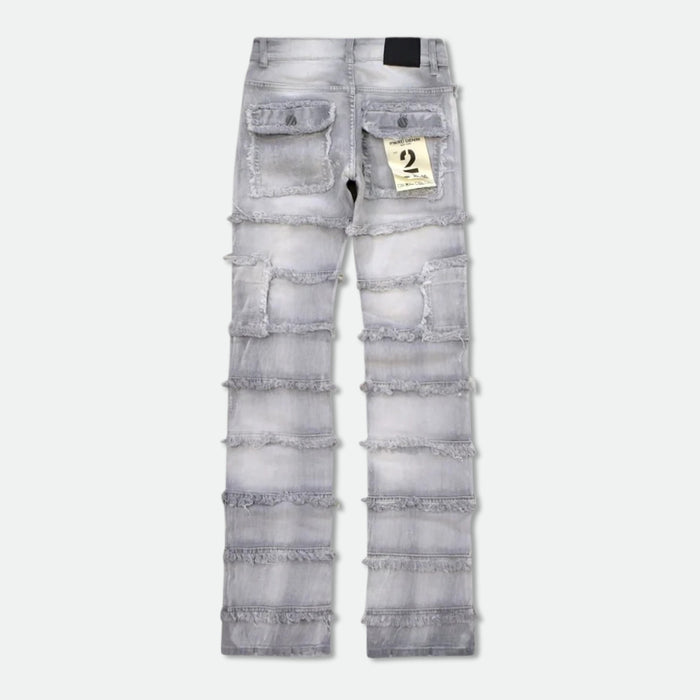 FWRD Patchwork True Stacked Grey Denim jeans with layered patchwork design and stacked leg detail.