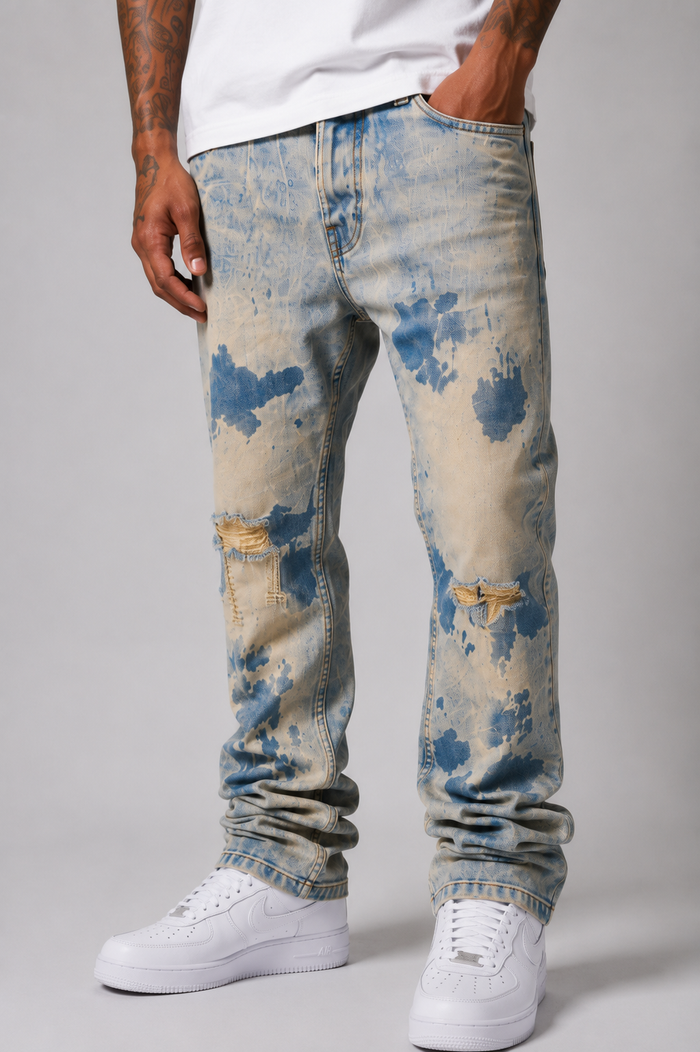 FWRD Tumble Wash Straight Denim in Ice Tint, showcasing light blue, slim-fit jeans with a classic five-pocket design.
