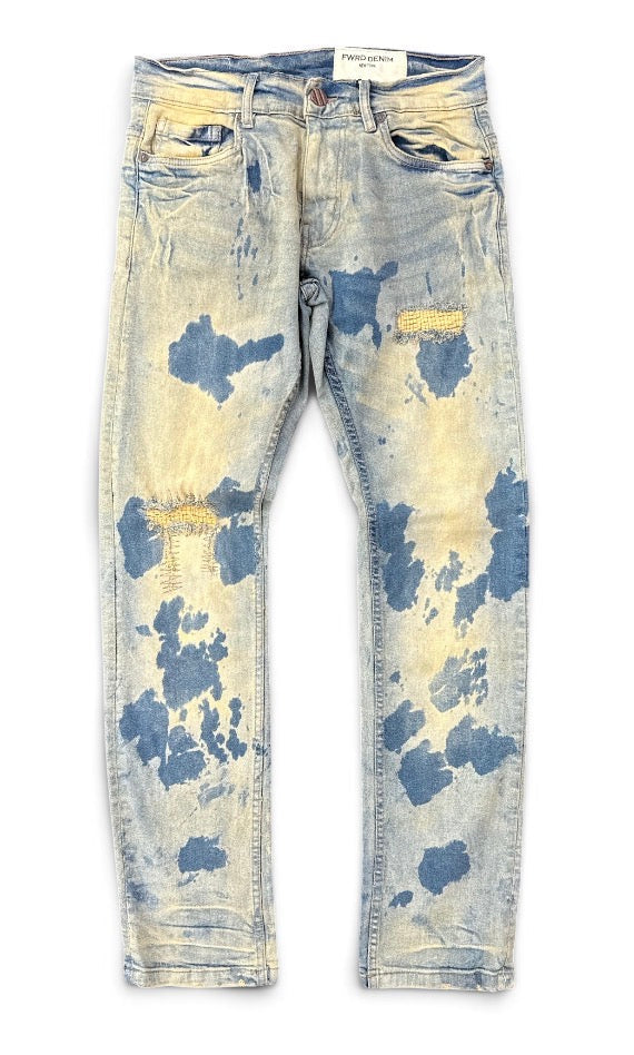 FWRD Tumble Wash Straight Denim in Ice Tint, blue denim jeans with a straight leg fit and faded wash, displayed on a hanger.