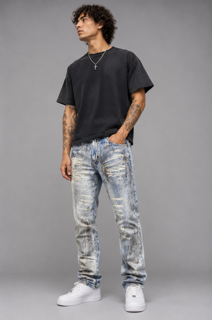 FWRD Washout Relaxed Straight Denim jeans in Ice Blue, featuring a faded wash and casual fit, displayed on a neutral background.