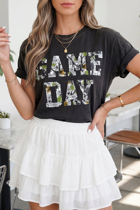 Game Day Camo Letter Print Round Neck Casual T Shirt – Black