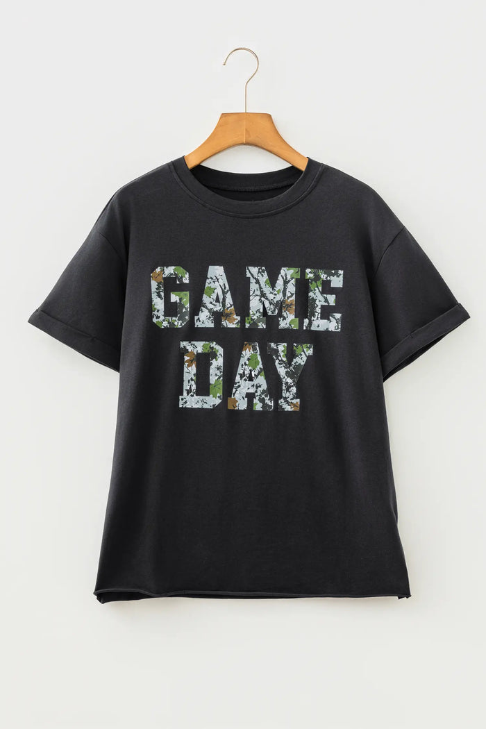 Game Day Camo Letter Print Round Neck Casual T Shirt – Black