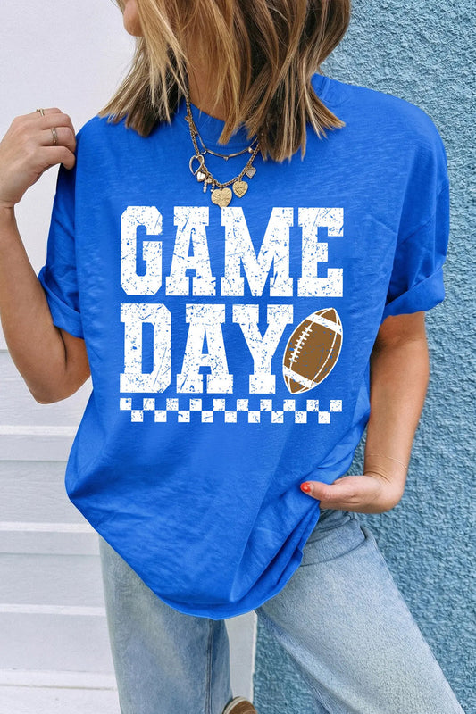 GAME DAY Checkered Print Rugby Graphic T Shirt – Dark Blue