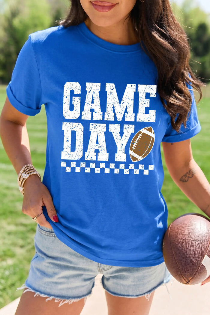 GAME DAY Checkered Print Rugby Graphic T Shirt – Dark Blue