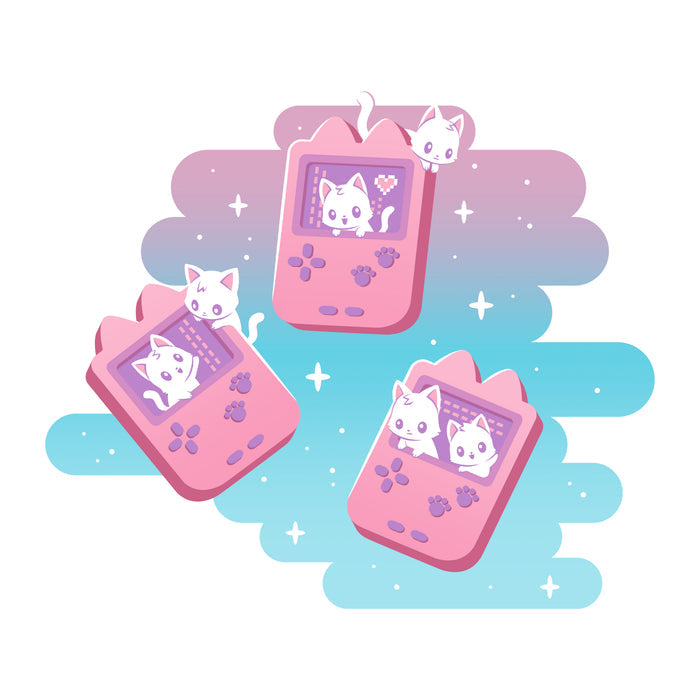 Premium Cotton T-shirt_TeeTurtle white Gaming Kitties apparel featuring white kittens inside a set of pink classic handheld video gaming consoles.