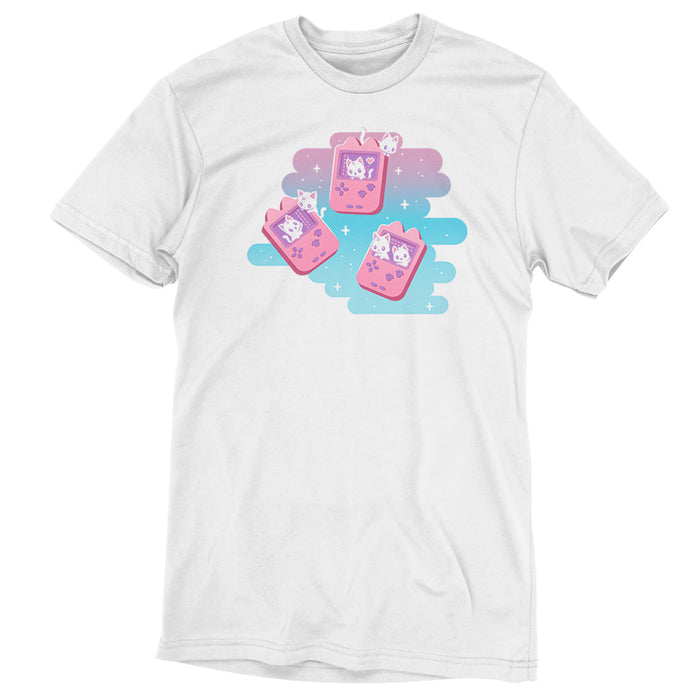 Premium Cotton T-shirt_TeeTurtle white Gaming Kitties apparel featuring white kittens inside a set of pink classic handheld video gaming consoles.