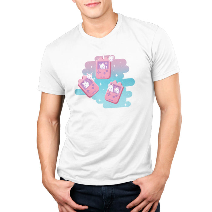 Premium Cotton T-shirt_TeeTurtle white Gaming Kitties apparel featuring white kittens inside a set of pink classic handheld video gaming consoles.