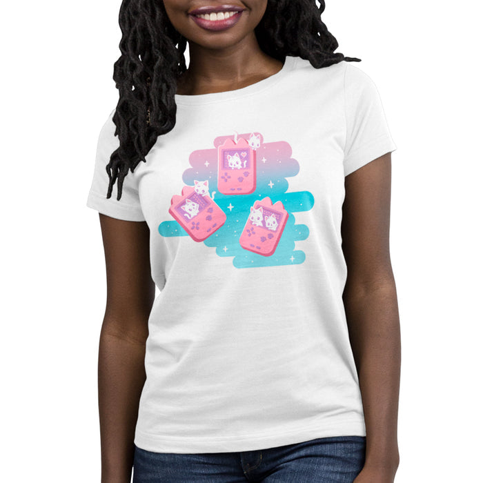 Premium Cotton T-shirt_TeeTurtle white Gaming Kitties apparel featuring white kittens inside a set of pink classic handheld video gaming consoles.