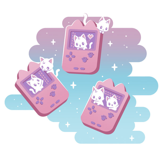 Classic Cotton T-shirt_TeeTurtle white Gaming Kitties apparel featuring white kittens inside a set of pink classic handheld video gaming consoles.