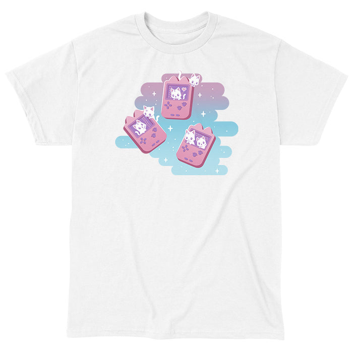 Classic Cotton T-shirt_TeeTurtle white Gaming Kitties apparel featuring white kittens inside a set of pink classic handheld video gaming consoles.