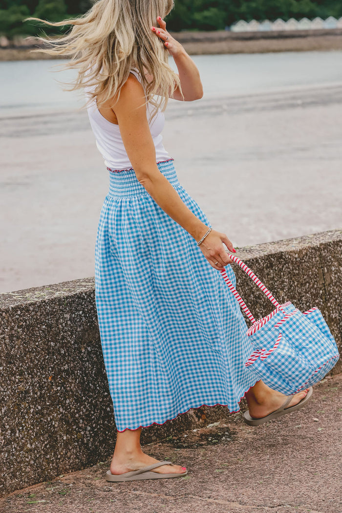 Gingham Mini Bucket Bag with Pockets | Sea Blue