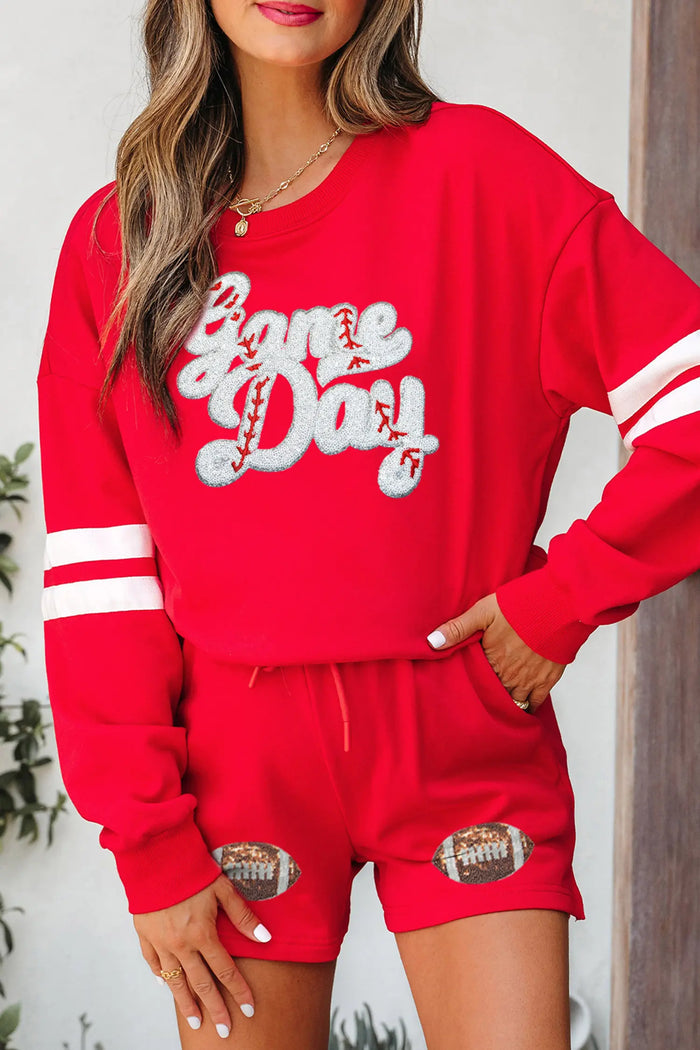 Glitter Game Day Slogan Football Patch Varsity Graphic Two Piece Set – Fiery Red