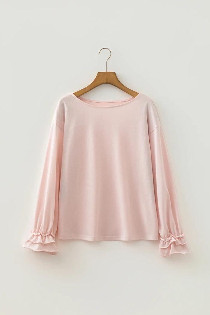 Gossamer Pink Long Sleeve Ruffle Cuff Casual Elegant Top – Light Pink