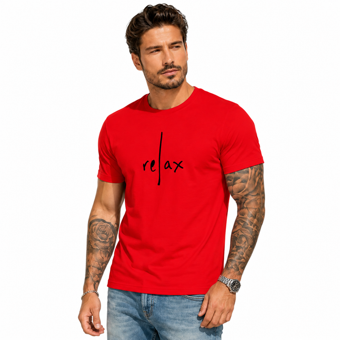 Men’s cotton t shirt flat lay showing retro graphic print detail