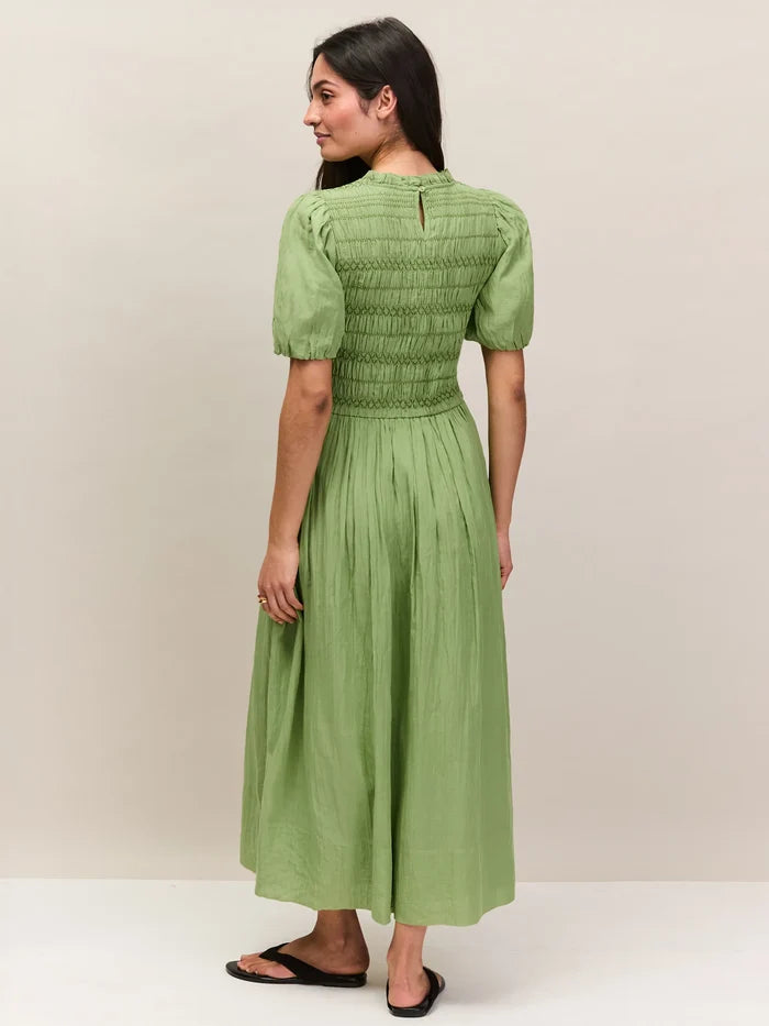 Green short sleeve cotton dress with gathered skirt and shirred detail