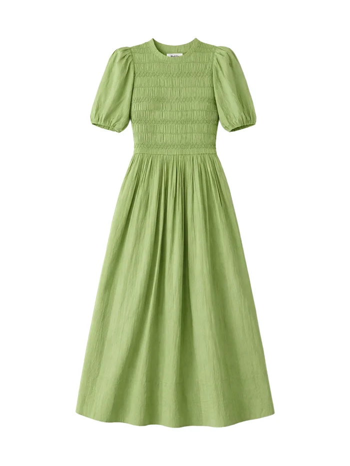 Green Cotton Shirred Bodice Dress
