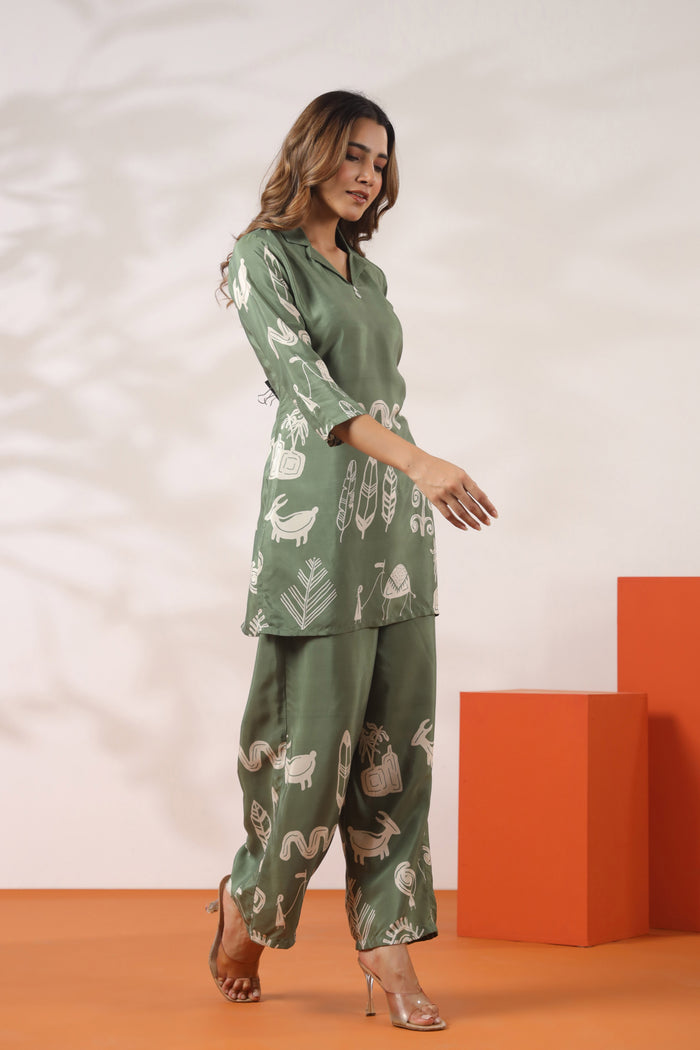 Green Tribal Motif Printed Russian Silk Co-ord Set