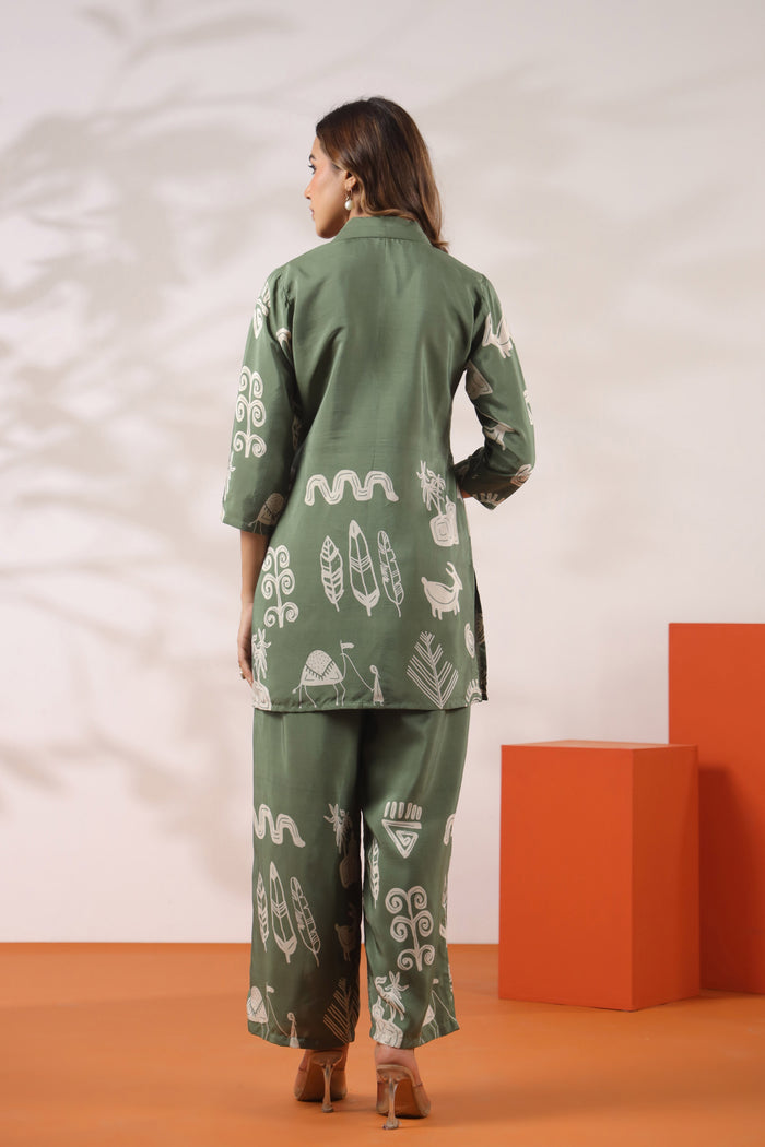 Green Tribal Motif Printed Russian Silk Co-ord Set