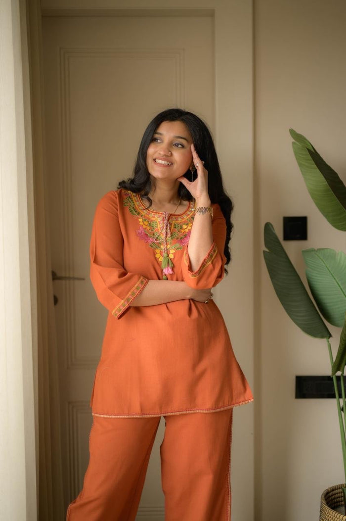 Grisha Embroidered Coord Set- Orange