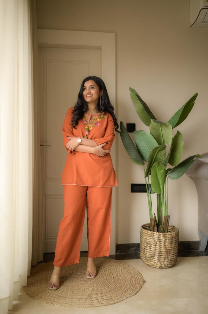 Grisha Embroidered Coord Set- Orange
