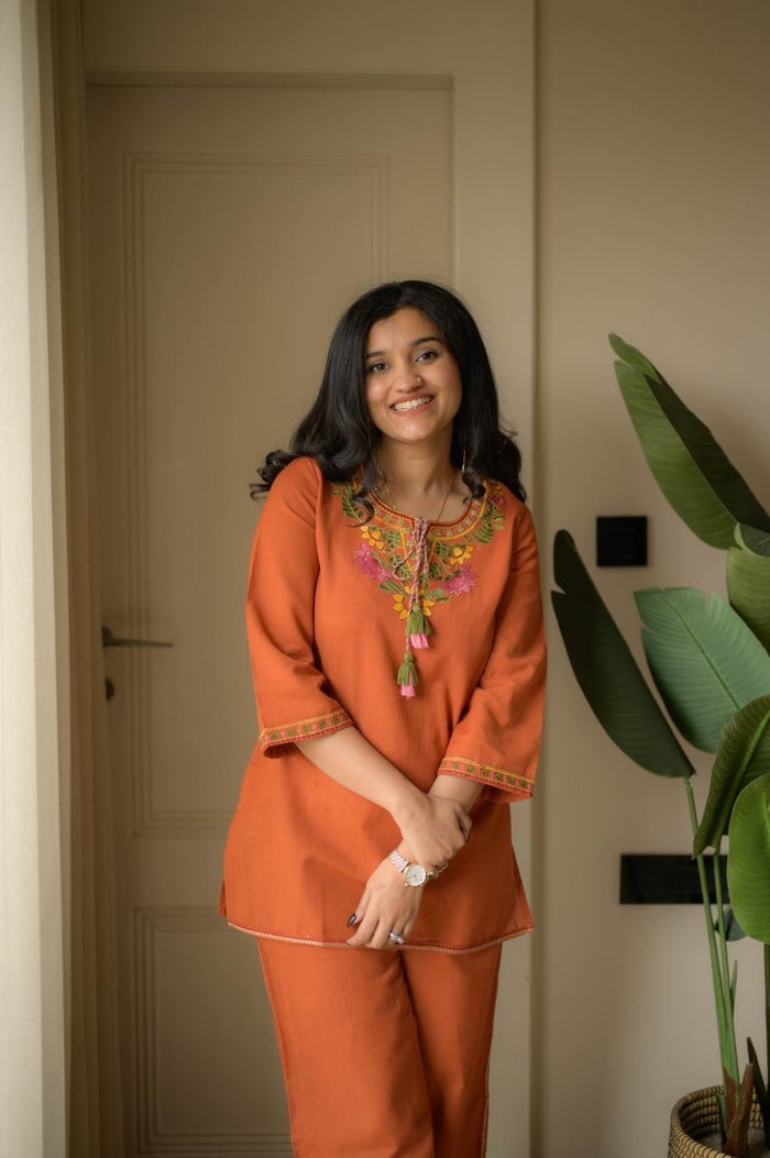 Grisha Embroidered Coord Set- Orange